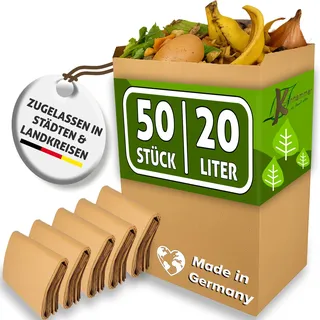 Biomüllbeutel 20L I 50Stk Bio Müllbeutel plastikfrei I Biomüllbeutel Papier nass & reißfest I Papiertüten für Biomüll I Biomülltüten Papier