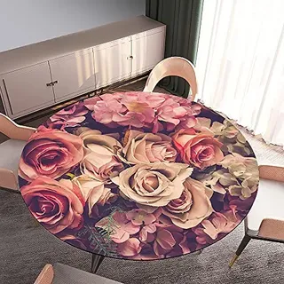 Morbuy Tischdecke Elastisch, Rose Blume Drucken Rund Tischdecken Wasserdicht Lotuseffekt Abwaschbar Abwischbar Tischtuch für Dekoration Küchentisch Garten Outdoor (Durchmesser 120cm,Beige Blume)