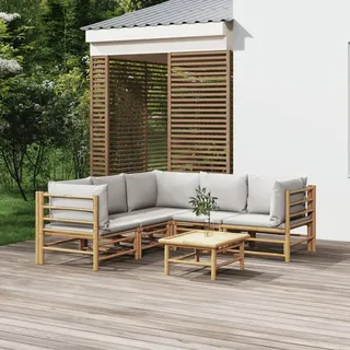 IKAYAA Gartenmöbel Set Bambus Gartenlounge Outdoor Bambus Terrassenmöbel Set Gartenlounge Ecklounge Outdoor Gartensofa 6-TLG Hellgrau