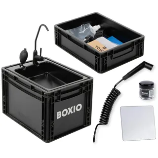 BOXIO - WASH Max+: Mobiles 40x30 Spülbecken Komplettset: Filter System + Campingdusche + Reinigungsperlen + Spiegel, Camping Waschbecken mit Pumpe ohne Strom, Camping Zubehör in Eurobox