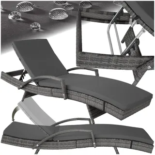 tectake® Polyrattan Sonnenliege, Alu Gartenliege mit 5-Fach Verstellbarer Rückenlehne, wetterfest, Outdoor Relaxliege mit weicher Polsterauflage, Rattanliege für Garten, Balkon und Terrasse - grau