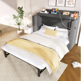 Schrankbett 140x200 Cm Grau In Leinen Mit Schublade, Usb/typ-c Und Ablagefach