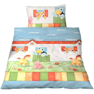 JACK Fein Biber Bettwäsche Baby 2 TLG. 100x135cm Hoftiere Bauernhof Bunt mit Reißverschluss