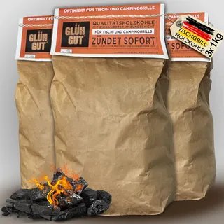 Glühgut Tischgrill-Holzkohle 1kg x3 (3 KG) – Premium Holzkohle mit Anzündbeschichtung – Tischgrillkohle, raucharm & sofort grillbereit – ideal für Lotus Grill, Balkon & Camping
