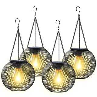KagoLing Solarlampen für Außen Hängend, 4 Stück Metall Solarlaterne mit Retro Größer LED-Glühbirne, IP65 Gartendeko Wetterfest, Solarleuchten Garten mit Haken und Kette für Terrasse Rasen Balkon Hof