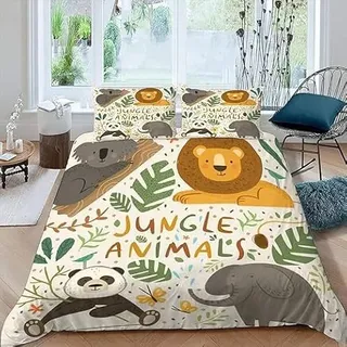 CTQTZ Dschungel-Tiere Bettwäsche-Set für Kinder 135x200 Wildlife Style Kinder bettwäsche Bettbezug und Kissenbezug 80x80cm Karikatur Löwe Faultier Panda Elefant Drucken Muster Bettbezug