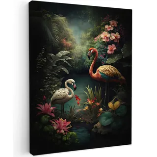 MuchoWow© Leinwand Bilder Wanddeko Wohnzimmer Aesthetic Room Decor Deko | 60x80 cm - Zimmer Wandbilder Modern Fotogeschenke Flamingo - Blumen - Dschungel - Vögel - Natur