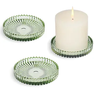 HofferRuffer Kerzenteller Kerzenständer Glas 3er Set,10cm rund Kerzenhalter,Kerzenleuchter für Stumpenkerzen,Teelichter,Grün