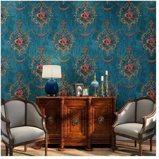 JLWM Tapete Barock Vlies, Vliestapete Barocktapete 3d Linderung Amerikanisch Vintage Pastoral Europäischer Stil Luxuriös-Blau-0.53x10m