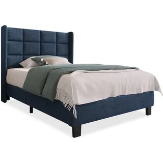 OKWISH Polsterbett 140×200 Blau Stoffbett mit hohem Kopfteil, Lattenrost, stabilem Holz-Stahl-Rahmen, geräuscharm, modernes Doppelbett