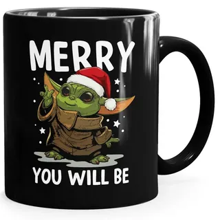 MoonWorks Tasse Kaffee-Tasse Weihnachten Geschenk lustig Baby Yoda mit Spruch Merry, Keramik schwarz