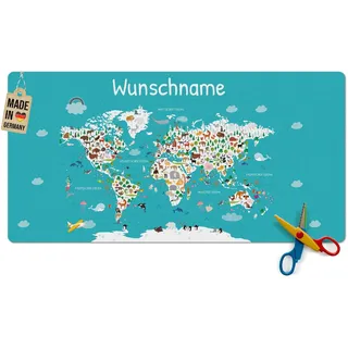 Pr Print Royal Schreibtischunterlage selbst gestalten mit Name - Weltkarte mit Tieren - Waschbar, Personalisierte Geschenke zur Einschulung | 80x40 cm, Rutschfest