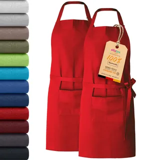 EllaTex DOPPELPACK Damen/Herren/Unisex Schürze Kochschürze Kellnerschürze Bistroschürze Küchenschürze Grillschürze Latzschürze 100% Baumwolle, Farbe: 2er PACK Rot - 75x85cm