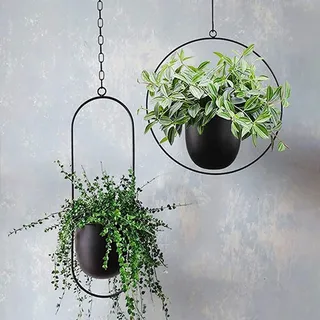 ARSBORUI Hängend Blumenampel Metall Blumentopf Modern Deko Pflanzenampel Boho Hängend Hängeampel Pflanzen Halter Hängeblumentopf Für Innen Außen Decken Balkone Wanddekoration (Schwarz (Rund + Oval))