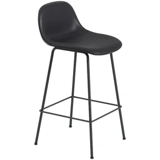 Muuto Fiber Barhocker mit Rückenlehne, tube base, höhe 65 cm, refine leder schwarz / schwarz