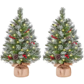 Yaheetech 2PCS 61cm Mini Künstlicher Weihnachtsbaum mit Schnee inkl. 35 LED | Kleiner Tischbaum Tannenbaum Christbaum mit Warmweiß Beleuchtung & 42 Roten Beeren & 6 Tannenzapfen für Weihnachtsdeko, Grün