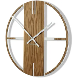 FLEXISTYLE Wanduhr groß aus Metall Unique für Wohnzimmer, Schlafzimmer, Büro, 50 cm Durchmesser, modernes Design ohne tickgeräusche (Weiß & Holz)