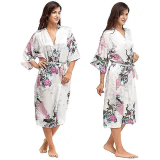 Langer Damen-bademantel Im Kimono-stil Aus Weichem, Luxuriösem Seidensatin, Morgenmantel, Nachthemd – Größe 2xl – Weiß