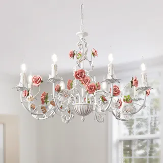 meibeileil Blumen Kronleuchter Vintage,Weiße Metall Esstisch Lampe Mit Rosa Keramikrose,Französischer E14 Kerzen Pendelleuchte FüR Wohnzimmer Schlafzimmer Landhaus MäDchenzimmer KüChe,8 Köpfe