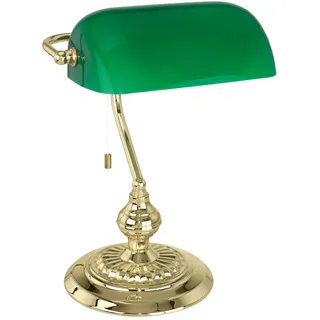 EGLO Tischlampe Banker, 1 flammige Tischleuchte Vintage, Retro, Art Deco | Klassik, Schreibtischlampe aus Stahl und Glas, Nachttischlampe, Bürolampe, Messing, Grün, Lampe mit Zug-Schalter, E27 Fassung