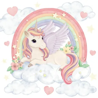 Wally Fox - Wandsticker Kinderzimmer - Wandtattoo Babyzimmer - Ungiftig, sicher - Set Einhorn, Regenbogen, Sterne, Wolken, Herzen XL - rosa, violett, Pastellfarben - 72,5x120cm
