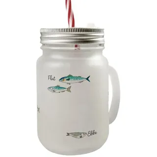speecheese Glas Flut - Ebbe Mason Jar Henkel Trinkglas mit Deckel mit kleinen Fischen