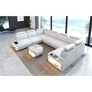 Sofa Dreams Wohnlandschaft Leder Couch Sofa Siena U Form Ledersofa, U-Form Ledersofa Wohnlandschaft mit LED-Beleuchtung und USB weiß