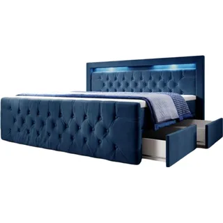 luxusbetten24 Boxspringbett Menzogna mit LED und Stauraum (2 Schubladen) H3 (70-100kg) - Blau