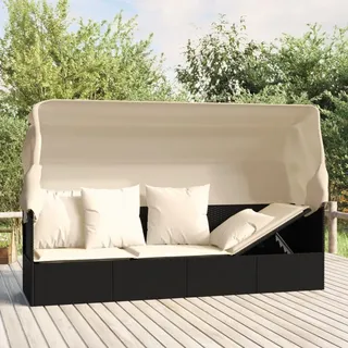 Outdoor-loungebett Mit Dach Und Kissen Schwarz Poly Rattan