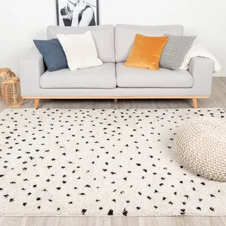 FRAAI | Home & Living Teppich Hochflor - Grand Dots Creme Schwarz - 160x230 cm - Punkte - Modern, Skandinavisch - Wohnzimmer, Esszimmer, Schlafzimmer - Fellteppich