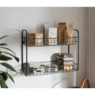 Dekoleidenschaft Regal Storage klein aus Metall, schwarz, 2 Ablagekörbe, Wandregal, Standregal, Küchenregal, Hängeregal
