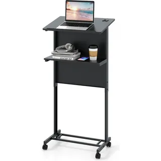 COSTWAY Mobiles Rednerpult, Laptopwagen mit 3 Höhenoptionen & geneigter Tischplatte, professionelles Stehpult mit Ablagefläche & Rollen schwarz - Schwarz