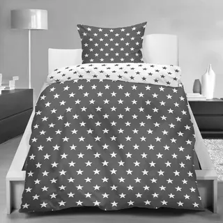 PremiumShop321 Wende Bettwäsche Stars/Sterne 135x200 / 80x80 Microfaser Reißverschluss-anthrazit