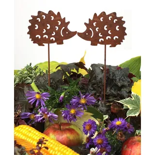 LB H&F Lilienburg Gartenfigur 2er SET Gartendeko Gartenstecker Igel Herbst Metall Rost Herbstdeko, Herbstdekoration Deko Garten aussen Blumenstecker Beetstecker Winter braun