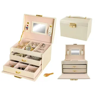 Beautylushh Schmuckkasten Schmuckkasten mit Schloss Spiegel und Schubladen Satinoptik (Einzel Schmuckkasten mit Spiegel Schloss und Schubladen, Schmuckkasten mit Spiegel Schloss und zwei Schubladen), Abschließbar mit Schlüssel Weich ausgekleideter Innenraum beige|weiß