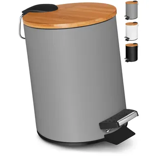 VMbathrooms 3L Kosmetikeimer in edlem grauem Design | Tretmülleimer mit Absenkautomatik (Soft Close) | Eleganter Eimer fürs Bad mit Innenbehälter und Bambus-Holzdeckel