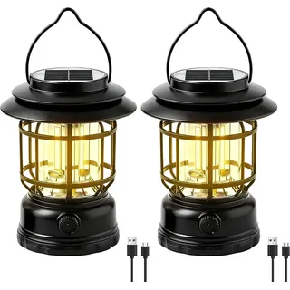 Campinglampe LED Retro Solar Aufladbar Dimmbar Outdoor Zeltlampe IPX4 2 Stück
