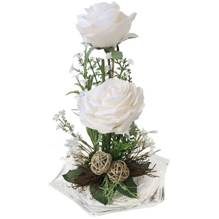 Gestecke Tischgesteck Kunstblumen Tischdeko künstliche Rosen Blumen 44 Rose künstlich, PassionMade, Höhe 25 cm, Tischdeko Blumengesteck künstlich auf Glasschale weiß
