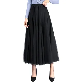 Damen Langer Tüllrock A Linie Tüll Röcke Einheitsgröße Elegante Hochzeit Tutu Maxiröcke(Schwarz,Einheitsgröße) - Einheitsgröße