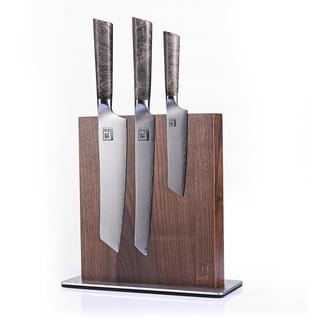 zayiko hochwertiger magnetischer beidseitiger Messerblock für bis zu 8 Messer I Zeitloses Design aus massivem Nussbaumholz mit starken Magneten und Edelstahlsockel ohne Messer