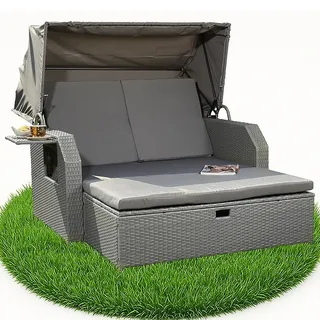 Gartenliege Polyrattan Bett Grau inkl. Sonnendach Rattan Sofa Loungeliege NEU