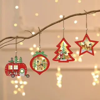 Weihnachtsbaumanhänger – Leuchtender Fünfzackiger Holzstern – Gemischte Weihnachtsdekoration