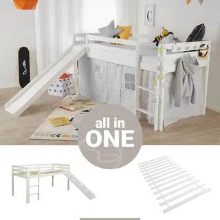 Homestyle4u Kinderbett 90x200 mit Lattenrost und Rutsche in Weiß 2254