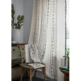 iyoimono Boho Vorhänge 2er Set Schwarz Geometrisch Vintage Vorhänge Landhausstil Häkeln Stricken Gardinen,Baumwolle Leinen Quaste Transparent Vorhang für Küche Wohnzimmer Schlafzimmer,B150×H180cm