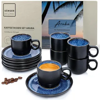 SÄNGER Aruba Espressotassen Set Steingut 12 tlg Mokka Tassen Set 6 Personen | Tassen & Untertassen - spülmaschinenfest mikrowellenfest - Tassenset blau mit schwarzem Rand 80 ml