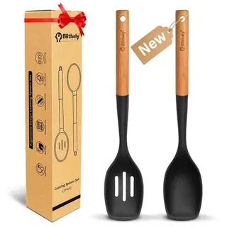 2-teiliges Kochlöffel-Set Silikon mit Holzgriff, hitzebeständig, schwarz