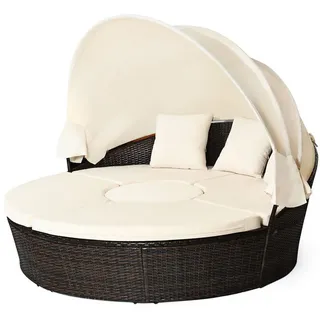 COSTWAY Sonneninsel mit einziehbarem Dach, outdoor, Gatrenlounge Rattan, Kissen, rund weiß
