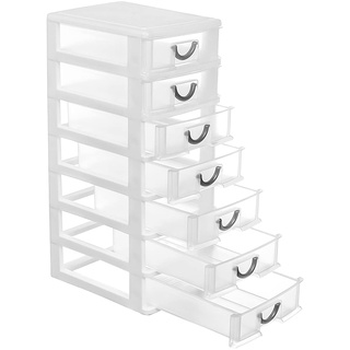 Rempry Mini-Organizer-Box, Aufbewahrungsbehälter mit 7 transparenten Schreibtisch-Schubladen, 18 x 13 x 33,5 cm, Weiß