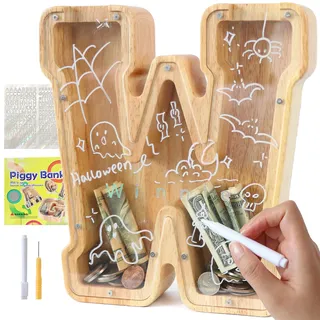 Lakpopya Spardose Kinder Jungen, Personalisiert Holz A-Z Sparschwein | Durchsichtig Buchstabe A-Z Sparbüchse für Kinder Mädchen Erwachsene mit Aufklebern und Filzstift, Taufe Geschenk Dekoration
