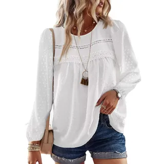 TUUHAW Tunika Damen Langarmshirt Herbst Boho Bluse Fließend Elegant Tunika Rundhals Top Oberteile Lässig Winter Frühling Outfits Spitze Kleidung Longshirt Langarm Weiß L - L